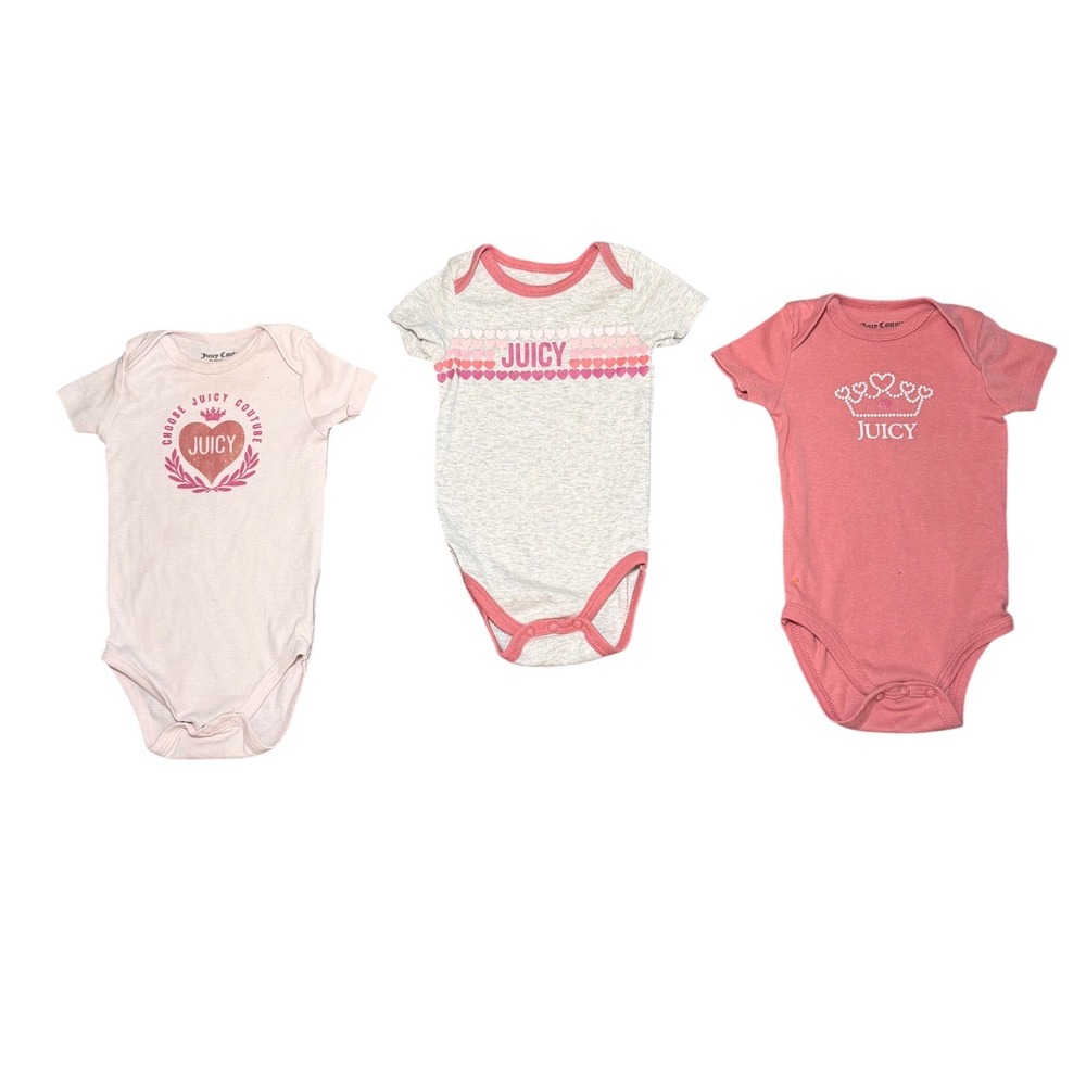 Juicy Couture Baby Girl Bodysuit Lot 3 6-9M Pink Gray Short Sleeve Logo Heart
